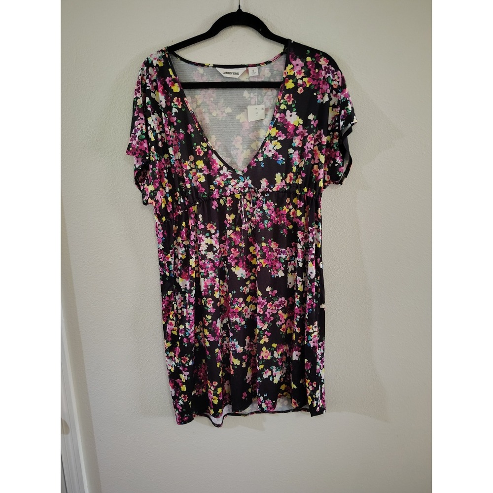 Lands End Women‎ Black Floral V-Neck Empire Waist Swim Cover-Up Dress Small NEW